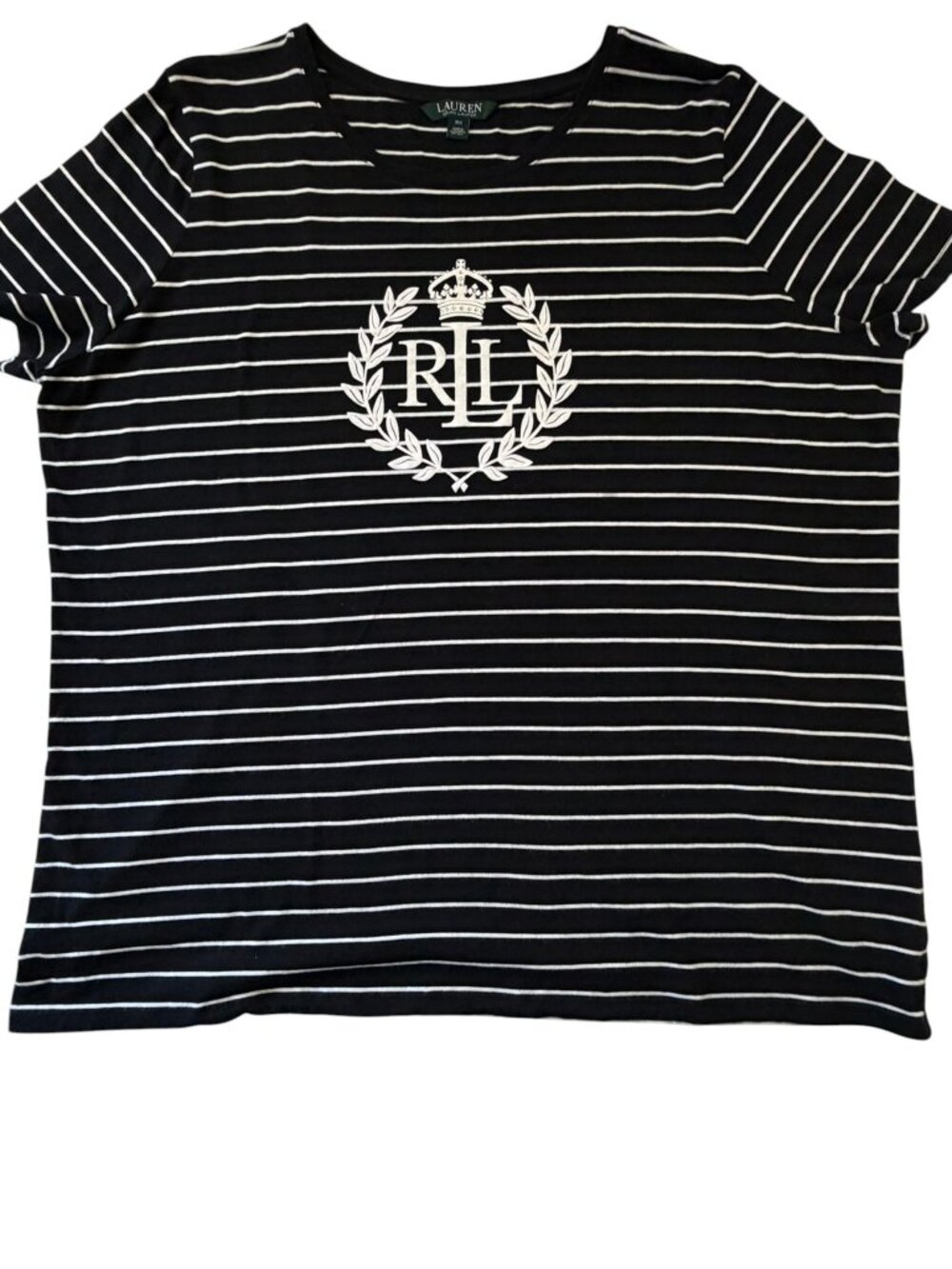 Lauren Ralph Lauren Striped Crown Crest Rhinestone Cotton Logo T-Shirt Black 3X